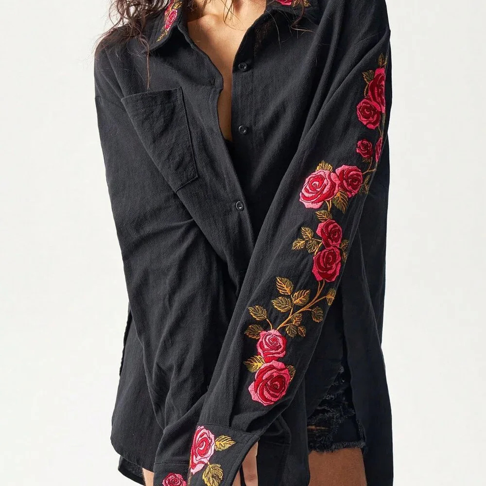 Black Casual Women's Loose Woven Asymmetrical Hem Long Sleeve Long Shirt - Picture 7 of 7